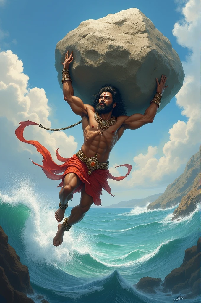 Lord Hanuman crossing the sea having a mountain on his hand and flying 