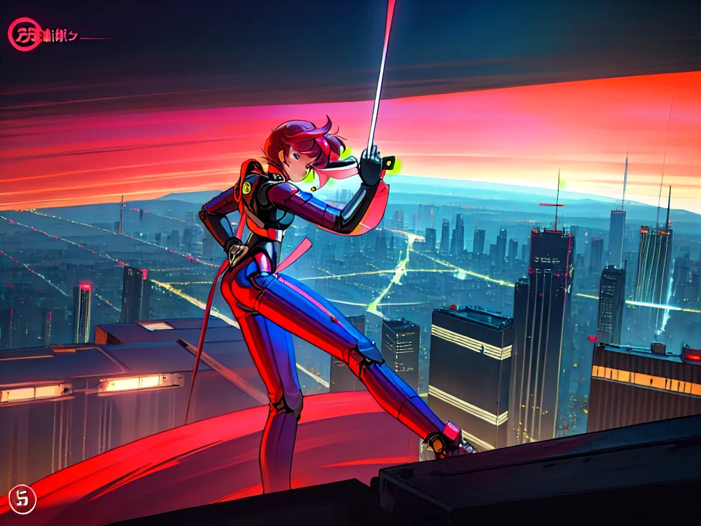 Kenichi Sonoda, retro art-style, bubblegum crisis, Sci-fi, Cyberpunk, Neon, Dystopia, Crash and Burn, (On a full moon night, on the rooftop of a high-rise building, a figure is seen wearing a metal hard suit that covers the whole body from head to toe. It is made up of curved surfaces that give it a feminine bodyline.), 1girl, solo, 18yo, Cool beauty, fearless look, fighting stance, attack, punching at viewer, (masterpiece, very aesthetic, incredibly absurd resolution, absolutely resolution, ultra high resolution, professional, vivid colors, perfect anatomy, ideal facial features, ideally proportioned figure, perfectly beautiful body, super detailed, anime key-visual, all intricate, overall detail), 