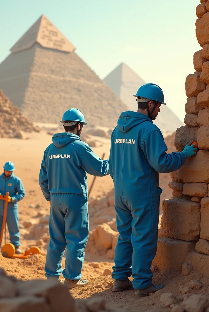 PICTURE REALISTIC, In 4k, of the pyramids of Egypt under construction, ETS are working with blue PPE, on the helmet it says &#39;URBPLAN&#39; in white letters. The image must contain predominant colors in shades of blue
