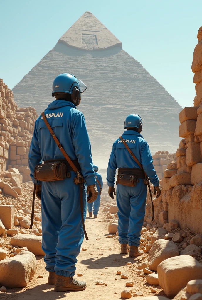 PICTURE REALISTIC, In 4k, of the pyramids of Egypt under construction, ETS are working with blue PPE, on the helmet it says 'URBPLAN' in white letters. The image must contain predominant colors in shades of blue