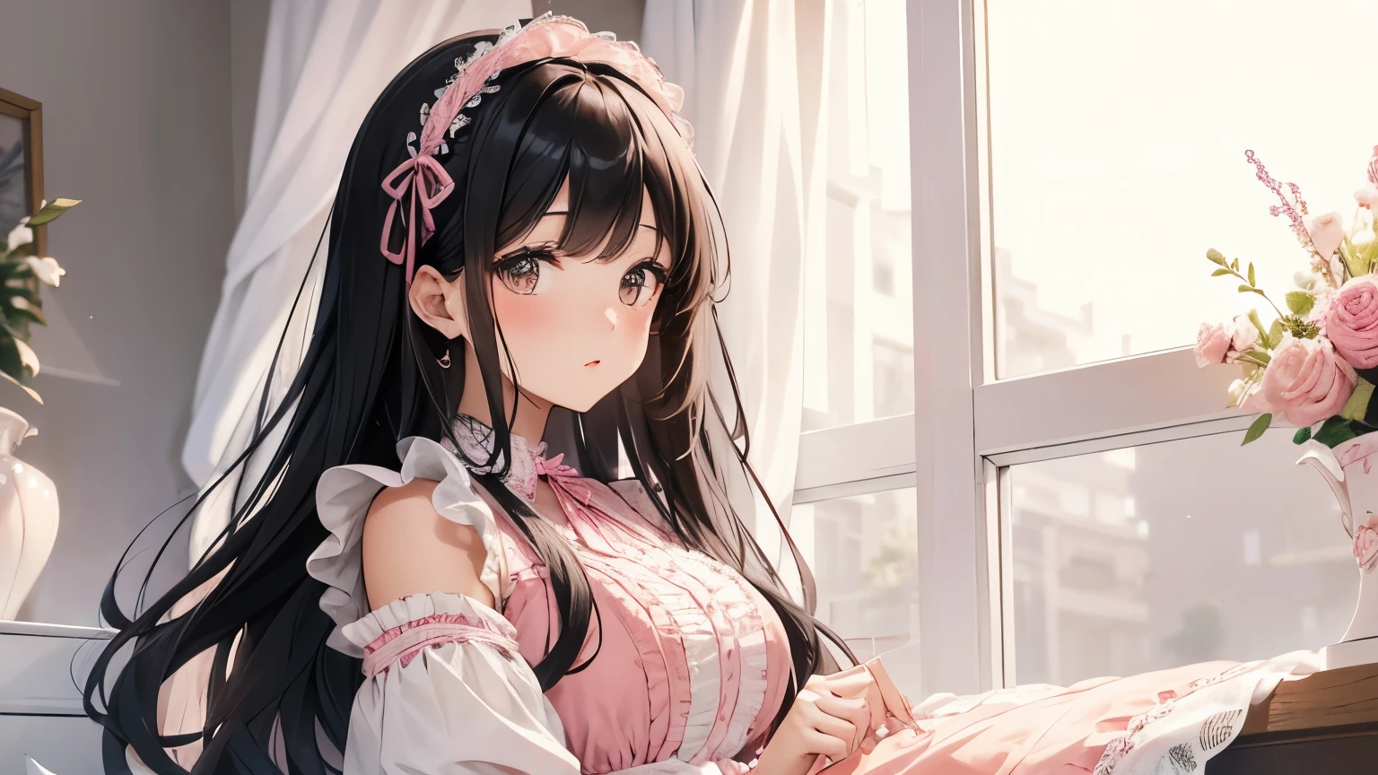 A beautiful woman wearing a pink and white panier dress with lots of frills and lace.　Long black hair half-up with hair accessories　Upper Body　lipstick