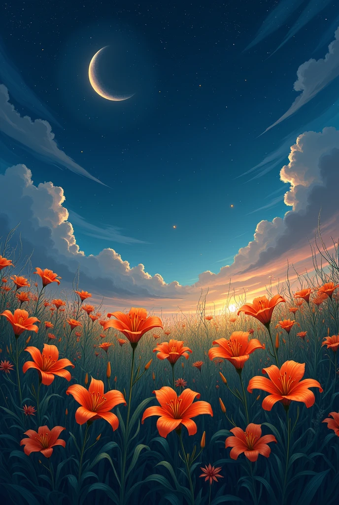 field of tiger lilies, night sky