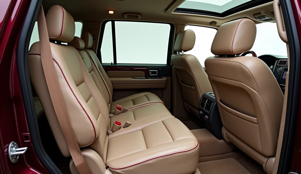 Genere plusieurs images avec différents anglais de vision (en PIP) de differents vue Interiure lincoln  navigator 2004 avec sieges beiges et détails de double  coutures gros fils  et rouge bordeaux. Côté avant conducteur détails rouge avec volant visible.