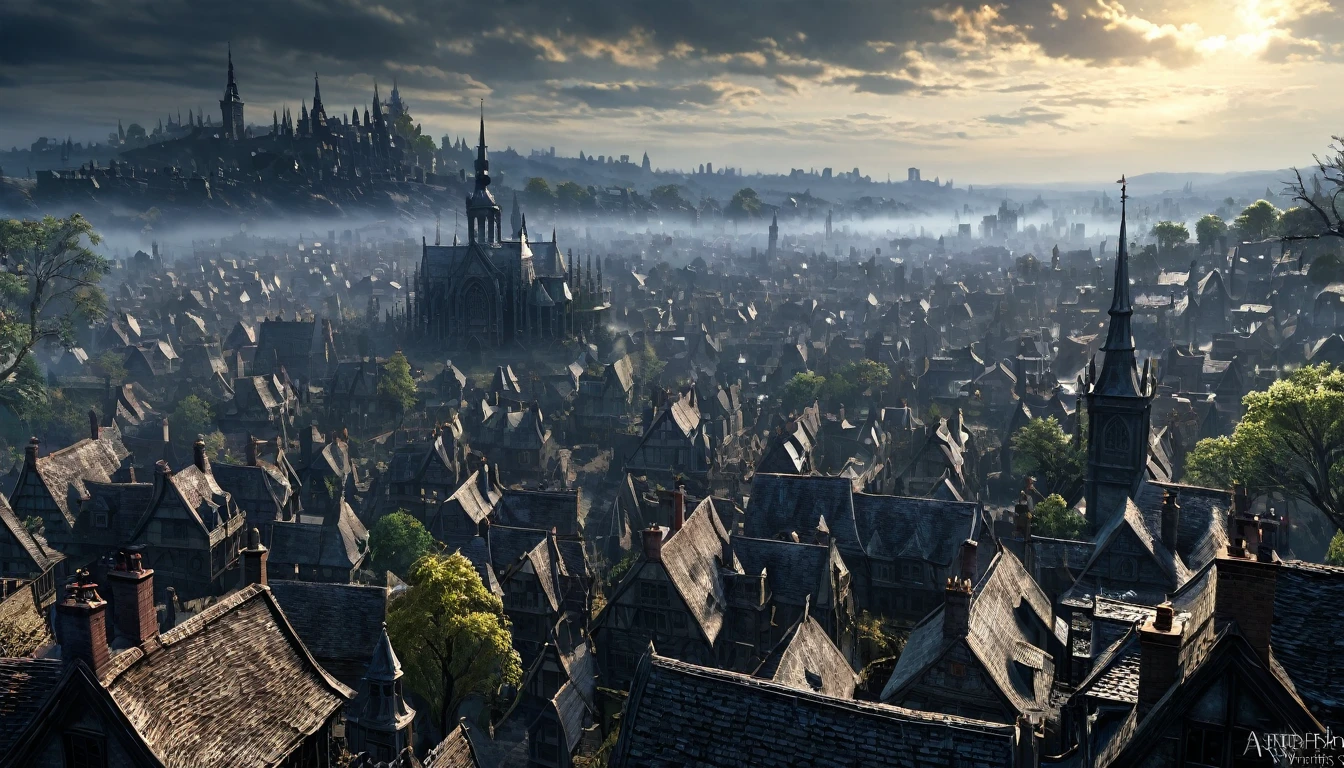 yarnham city, bloodborne, view over the whole city, detailed photo 4 k, inspired by  beautiful art uhd 4 k, countryside exterior, beautiful digital artwork, ornately detailed, by Arthur Pan, rich picturesque colors