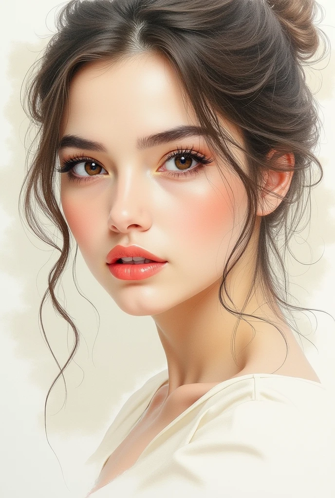 Professional portrait photo of chrstnhrprgff,, light natural tones , pencil drawing , watercolor drawing, portrait of a woman, detailed eyes, beautiful , highly detailed, soft color tones, soft lighting, detailed lines, sharp, realistic, brush strokes, light hints of paint drips