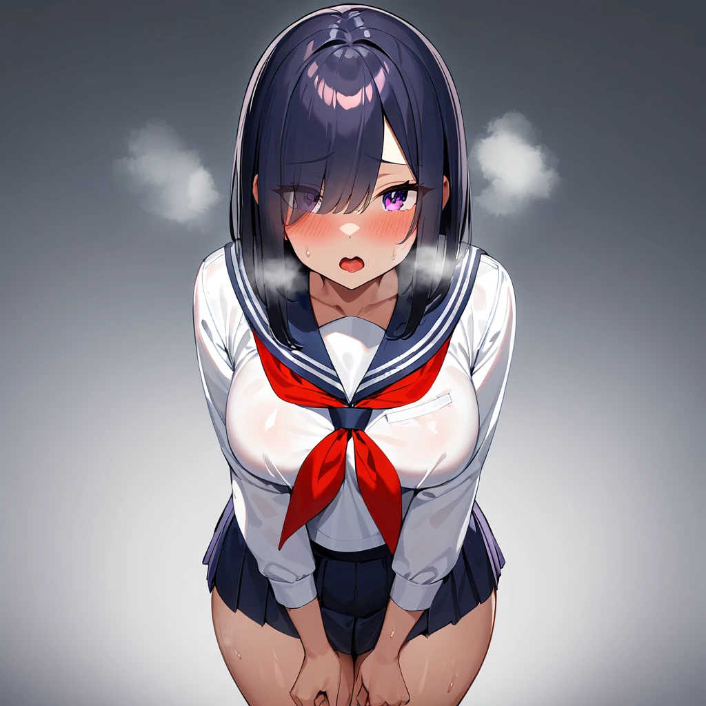 1girl,open mouth,tongue,(serafuku:1.5),red neckerchief, white blouse, pleated skirt,sexually suggestive,(cowboyshot:1.5),(in heat:1.5),(heavy breathing:1.5),(Legs_apart),(breasts focus),(shiny_skin),(eyes visible through hair:1.5),very sweaty,dark blue hair,purple eyes,hair over eye,blush,(Heavy Breathing:1.3),(Steaming body:1),(straight-on),(light skin:1.5),masterpiece,best quality,very aesthetic,absurdres,medium hair,straight hair,(female:1),(curvy:1),