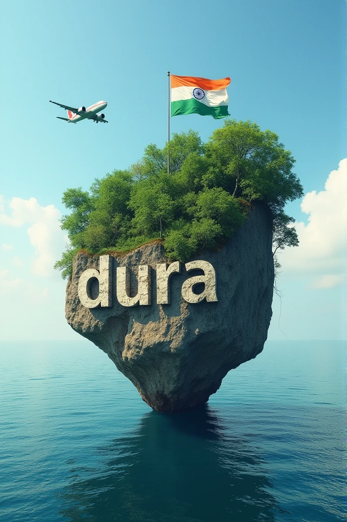 ((best quality)), ((masterpiece)), (detailed), perfect faceAn image of an old rock in the middle of the sea with a forest wrapped around it, Dulara written on it, the Indian flag fluttering and an airplane flying in the sky