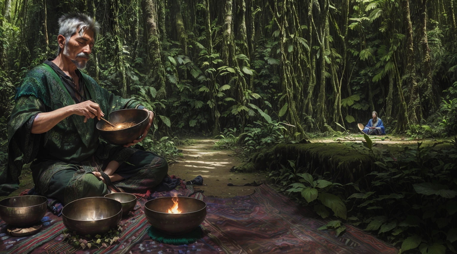 The indigenous woman is centered in the image, sitting cross-legged by the river The river meanders through the foreground, reflecting the light and colors of the vegetation around the woman, there are some local fauna, como um tucano, an armadillo and some fish jumping on the surface of the water in the background, there is a verdant landscape with trees and bushes typical of the Amazon region The composition creates a balance between the central figure of the woman and the natural elements that surround her Color Palette:

Tons de verde predominam, em diferentes nuances, reflecting the lush vegetation Blues and cyan make up the tone of the river water, com reflexos brilhantes
Toques de amarelo e laranja iluminam a cena, coming from sunlight filtered through the foliage The woman&#39;s clothes and accessories feature earthy colors, como ocre, marrom e bege, em contraste com o verdor da natureza
Pequenos pontos de cores vibrantes, como o vermelho do tucano e o preto e branco do tatu, add visual interest to the scene The palette is predominantly natural and sober, mas com alguns toques de cores mais vivas para destacar os elementos da fauna.