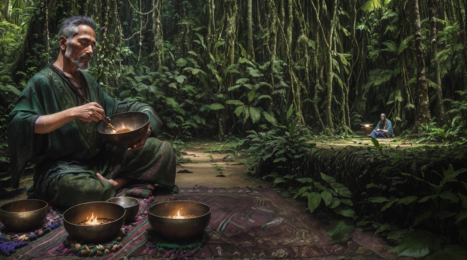 there is a man sitting on a rug in the woods with a bowl, ayahuasca ceremony, the ayahuasca spirit, ritual in a forest, ayahuasca shaman, in a jungle environment, ayahuasca, forest ritual, the oracle of the mayan elders, mayan temple in the jungle, jungle setting, colombian jungle, mystical setting