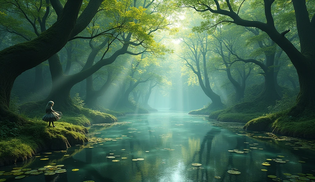(light magic:1.2), (dark:1.1) forest, spring, (intricate details), mirrors，(Ultra-detailed), 8k hdr, high details, many fine details, high quality,Tyndall effect， (a lake the color of:1.3)

