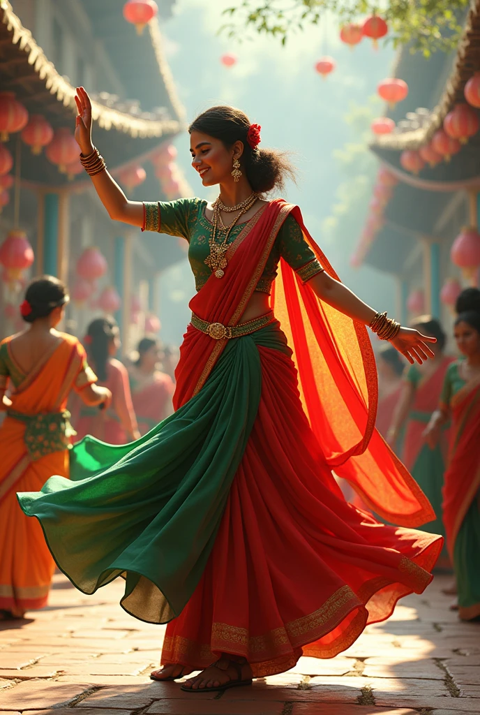 Mika make a image that women dress is a Bangladeshi culture and give me the image in site face non uniform face she is dancing as a freedom dancing in 1971