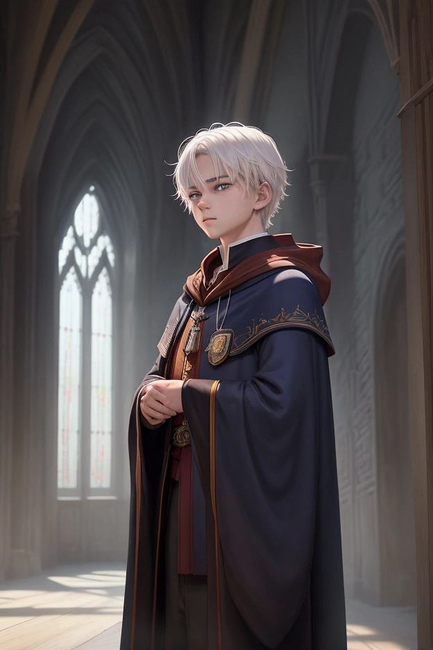 -yeld boHe has cool white hair, I swiped left., Blue Eyes, Wearing Gryffindor robes, but not the cloak., Standing in the Hogwarts hall, The sky is old now, White light shines in