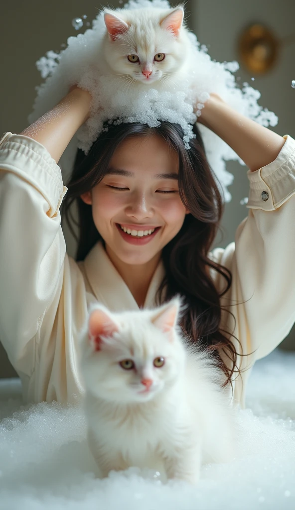 Create an Asian beauty with long hair,Regular facial features,Wearing a white satin bathrobe,Washing hair with both hands above the head,A cute white kitten next to it plays with the foam,Real bubbles,Foam envelops the beauty's entire head,Beautiful girl opens her eyes,The expression is happy,,The characters are realistic and realistic,Bathroom Background,Character front position,9:16 frames,Ultra-high-definition picture quality