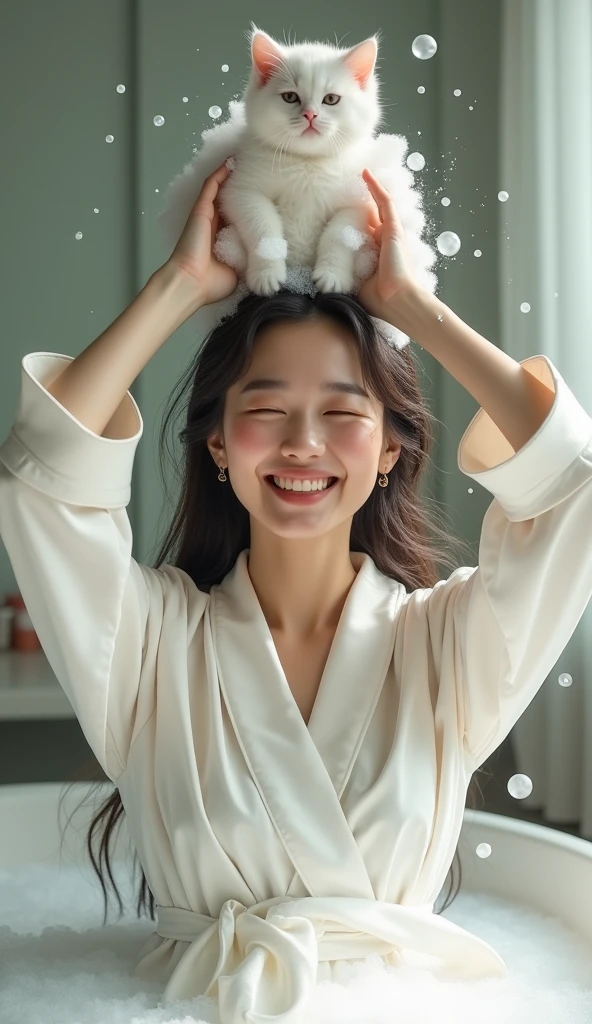 Create an Asian beauty with long hair,Regular facial features,Wearing a white satin bathrobe,Washing hair with both hands above the head,A cute white kitten next to it plays with the foam,Real bubbles,Foam envelops the beauty's entire head,Beautiful girl opens her eyes,The expression is happy,,The characters are realistic and realistic,Bathroom Background,Character front position,9:16 frames,Ultra-high-definition picture quality
