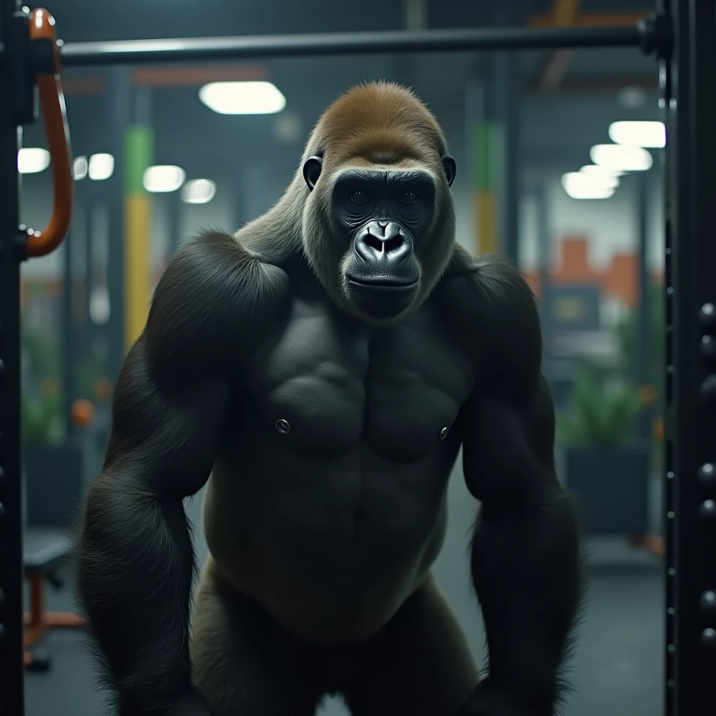 A gorilla working out in the cinematic gym