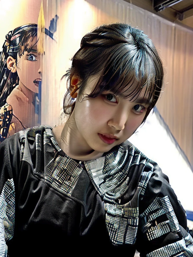 masterpiece, Highest quality, Very detailed, Japaese アンDroid girl,Portraiture,Plump,Thick,Control panel,アンDroid,Droid,Mechanical Hand, robotの腕と脚, Black Hair,Blunt bangs,perfect robot girl,Long tube,A thick cable was attached to her neck.,アンDroid,robot,humanoid,cyborg,japanese cyborg girl ,robot-assembly plant,She is now assembling,Assembly scene,Chubby,Squat