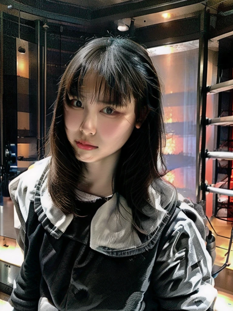 masterpiece, Highest quality, Very detailed, Japaese アンDroid girl,Portraiture,Plump,Thick,Control panel,アンDroid,Droid,Mechanical Hand, robotの腕と脚, Black Hair,Blunt bangs,perfect robot girl,Long tube,A thick cable was attached to her neck.,アンDroid,robot,humanoid,cyborg,japanese cyborg girl ,robot-assembly plant,She is now assembling,Assembly scene,Chubby,Squat