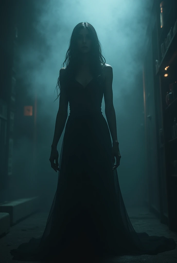 a perfect alien woman, shadowy figure, mysterious dark fog, horror atmosphere, intricate details, dramatic lighting, dramatic pose, cinematic, moody colors, dark fantasy, chiaroscuro, sci-fi, hyperrealistic, (best quality,4k,8k,highres,masterpiece:1.2),ultra-detailed,(realistic,photorealistic,photo-realistic:1.37),HDR,UHD,studio lighting,extreme detail description,vivid colors,cinematic composition
