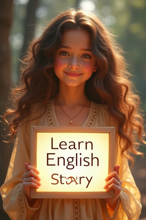 Beautiful girl with heart-warming smile and wavy long hair, bohemian dress, holding a white board with text "learn English Through Story" and showing it to the viewer, the board is glowing with the text.