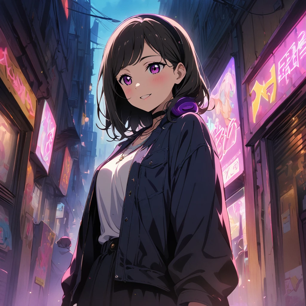 1girl, Rina, from "Love Live! Superstar!!", main character, looking ahead, with a subtle smile, long black hair with a large purple headphone on the right side, wearing a dark blue jacket with a white shirt and a necklace with black choker on top, standing in a nighttime city alley with neon signs, masterpiece, best quality, very aesthetic, absurdres