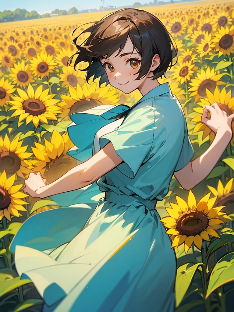 master piece, best quality, for below, cinematic angle, upper body , pigeon toed,
Anime-style Moe illustration, summer vacation theme, 20-year-old woman, sunflower field, short hair,
Picnic Maxi Dress, slightly inner thighs, smile, accurate drawing, Active pose, Active Angle,