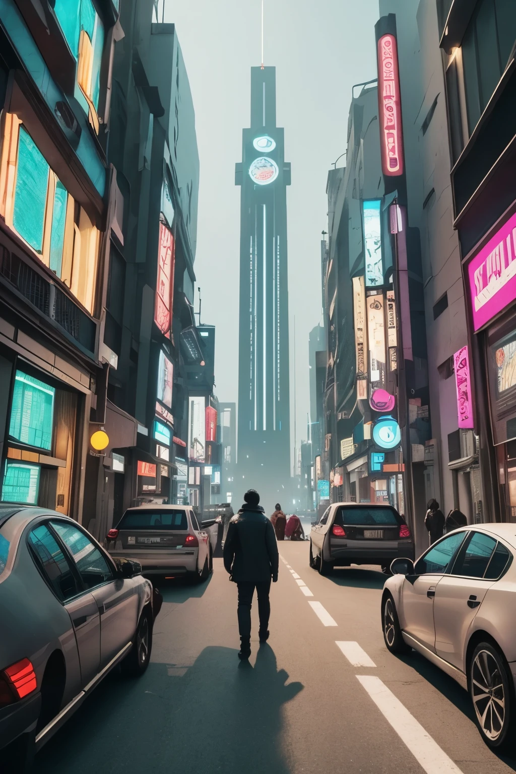 people walking in a city at night with a large clock tower in the background, in a futuristic cyberpunk city, futuristic cyberpunk scenario, arstation and beeple highly, in fantasy sci - fi city, sci-fi cyberpunk city street, busy cyberpunk metropolis, 3 d render beeple, cinematic beeple, cyberpunk city street, in style of beeple