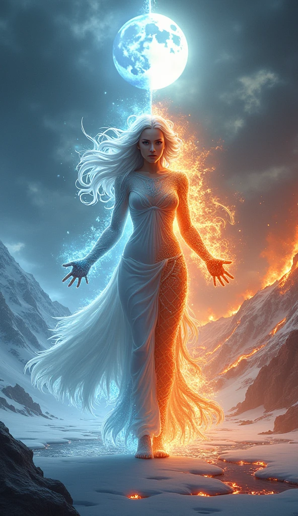a godlike beautiful woman, whose hair, body and clothing is made of ice on the right side and fire on the left side, stands on a divided landscape that corresponds to the halves of her body, on the right side an arctic landscape, on the left side volcanoes and rivers of lava, she strides towards the viewer, her arms stretched out to the sides, Surrounded by magic in the sky a full moon