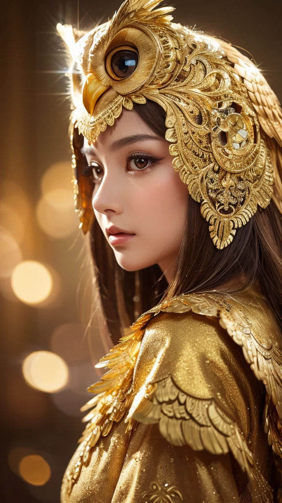 

**Prompt:** "Create a highly detailed, realistic image of a golden owl with intricate feather patterns and large, expressive eyes. The owl should appear almost metallic, with a polished, shiny surface that reflects light. The background should be soft and blurred, featuring warm tones like gold and amber with bokeh effects to enhance the magical and luxurious atmosphere. The owl should be perched gracefully, exuding wisdom and elegance, with a slight shimmer of light particles around it to give a mystical feel."

Gaze, Sparkle Effect, facing forward
Make it more gorgeous。more gold color、Elegance