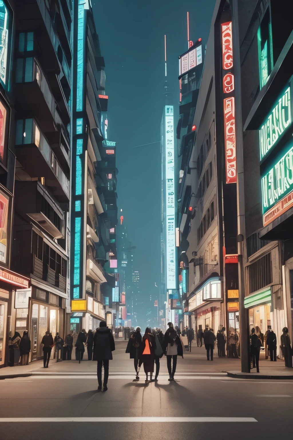 people walking in a city at night with a large clock tower in the background, in a futuristic cyberpunk city, futuristic cyberpunk scenario, arstation and beeple highly, in fantasy sci - fi city, sci-fi cyberpunk city street, busy cyberpunk metropolis, 3 d render beeple, cinematic beeple, cyberpunk city street, in style of beeple