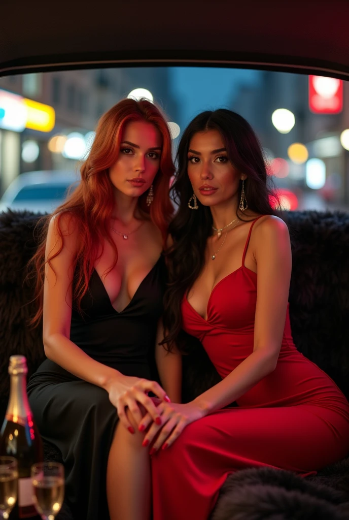 ultra realistic, photography, two girls: one with long red hair, 24 years old, hourglass figure, perfect body, natural medium breasts, wearing a sexy black sheath dress, the other one: long black straight hair, girl, 30 years old, hourglass figure, perfect fit body, giant breasts, she is wearing a sexy red sheath push-up dress, (Masterpiece, Professional lighting, 16k, 8k wallpaper, raw photo, photorealistic:1.8, ultra detailed, natural gentle lighting, detailed skin, detailed face, detailed eyes, textured skins, cinematic composition, detailed background:1.2, midnight at background:1.5, neon signs, night time in city:1.3, evening:1.1), MB, (Girls at back seat of limousine, on fur seat, group shot:1.2, evening dress, see-through0.58, laced panty, full body, jewelry, earrings, necklace, party girls, party night, drinking, laughing:1.2), (extremely beautiful face, beautiful eyes, seductive posing, sexual suggestive, drunken, grin:0.95, flustered, cute face, happy face, playmates, supermodel), ((glass of champagne, sparkling wines, light up, dinner, inside limo:1.4, limousine, car seat, luxury furniture, luxury car, carpet, night, enjoying party)),