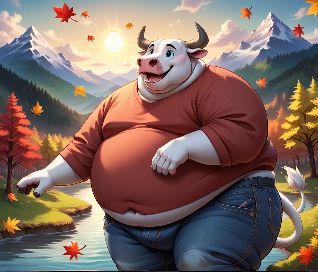 (cute, fat, obese, anthro, male, bull), jeans, red shirt, river, trees, falling leaves, sun, mountains, clouds, close up, happy, (detailed background), hires textures, highly detailed, intricate details, best quality, masterpiece, bright lighting, detailxl, zPDXL2