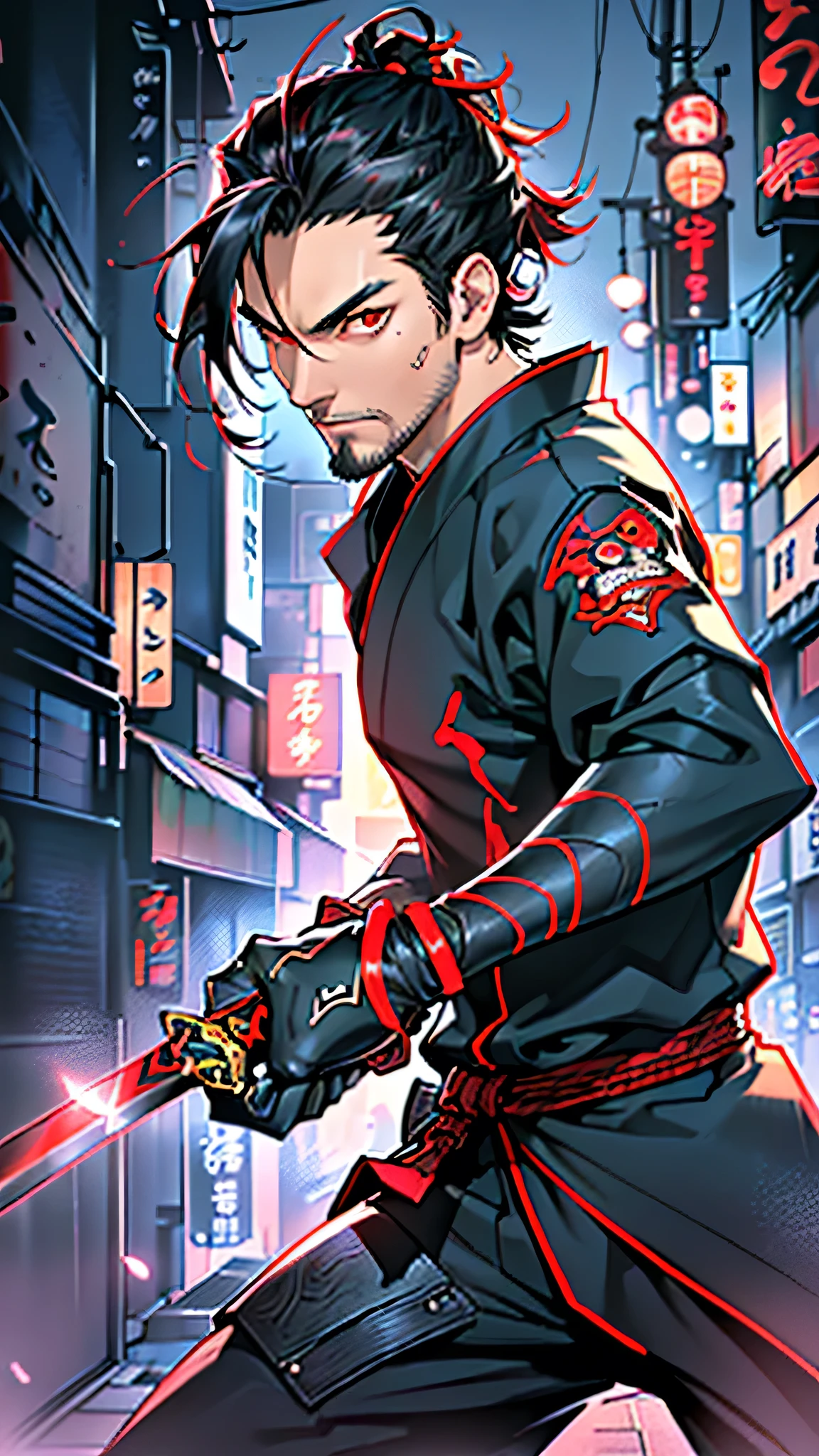 最high quality、Best image quality、masterpiece、male((18-year-old、slender、Stubble、Holding a sword、Ninja clothing、Red eyes、Cool hairstyle、Black Hair、Fighting Pose))high quality、Beautiful art、background((Tokyo,Neon Town)),Tabletop、Exquisite design、Visual Arts、Written boundary depth、Best lighting、Highest detail、8k