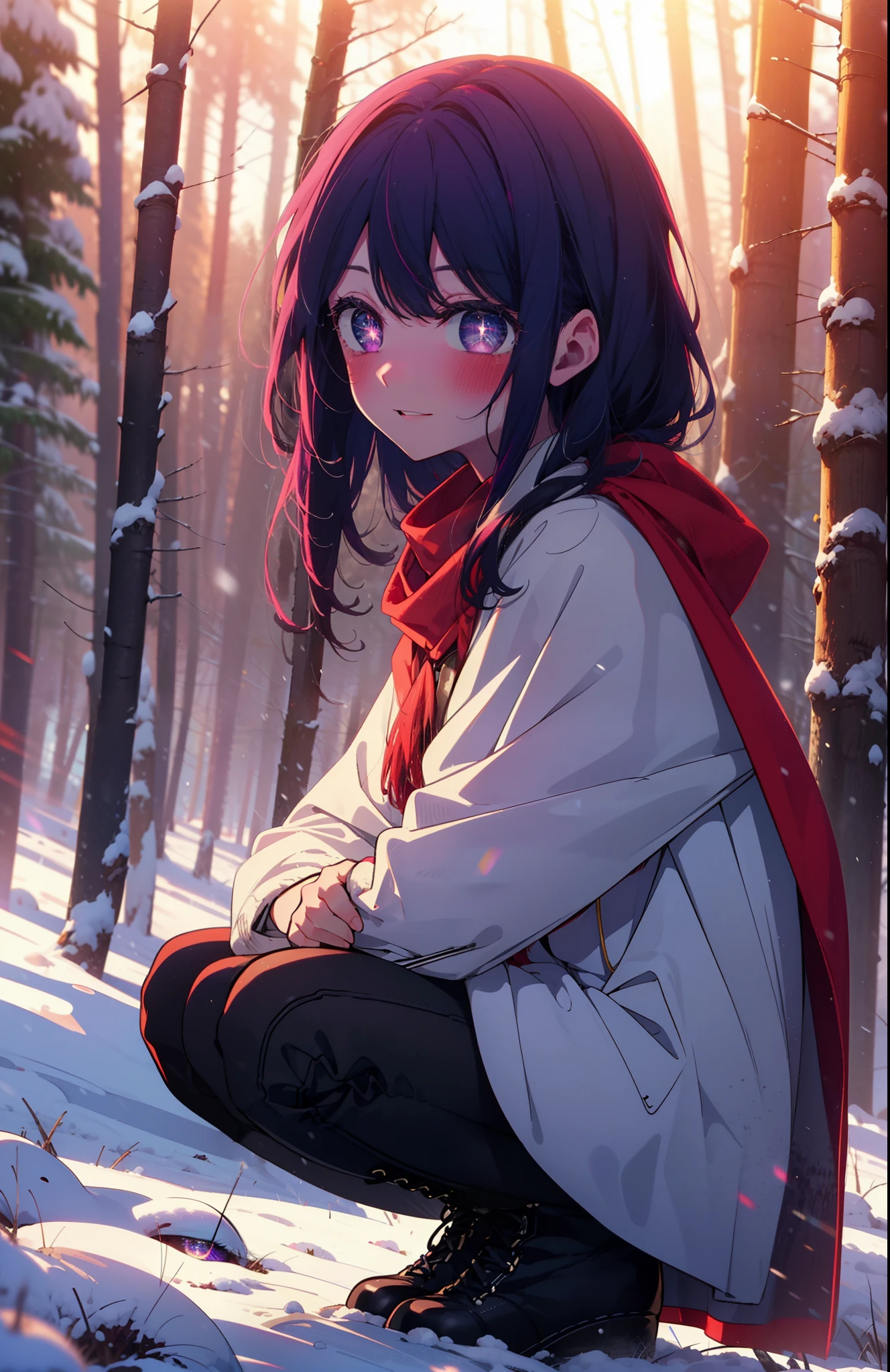 aihoshino, Ai Hoshino, Long Hair, bangs, (Purple eyes:1.1), Purple Hair, (Symbol-shaped pupil:1.5), smile,,smile,blush,white breath,
Open your mouth,snow,Ground bonfire, Outdoor, boots, snowing, From the side, wood, suitcase, Cape, Blurred, , forest, White handbag, nature, Squat, Mouth closed, Cape, winter, Written boundary depth, Black shoes, red Cape break looking at viewer, Upper Body, whole body, break Outdoor, forest, nature, break (masterpiece:1.2), Highest quality, High resolution, unity 8k wallpaper, (shape:0.8), (Beautiful and beautiful eyes:1.6), Highly detailed face, Perfect lighting, Highly detailed CG, (Perfect hands, Perfect Anatomy),