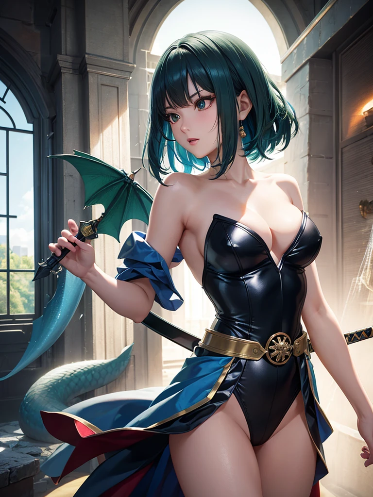 A Beautiful detailed girl with green wavey hair in Yamato Nadeshiko style, Break,short haircut, wearing blue leotard, Break,off-shoulder, black pareo skirt, Break,red cloak, Break,circlet, wielding evil sword, fantasy Dragon Quest inspired scene , highest quality, 8K, highly detailed faces and bodies, masterpiece, high quality, realistic,photorealistic, detailed description, vibrant colors, studio lighting, physically based rendering