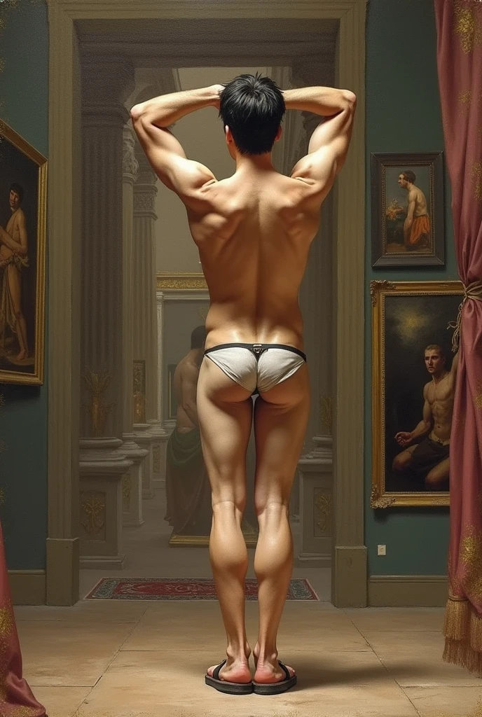 ilustracion en el estilo de Roberto Ferri , view from behind,  a young man inside a museum of baroque paintings, Two styles, the subject in watercolor style soft pastel colors young man muscular body toned muscular symmetrical divine proportions, oval face large eyes thin lips thin nose heart-shaped chin brown eyes, short straight black hair, hairy body, muscular legs, muscular glutes, cinnamon wings , Italian, narrow waist, broad shoulders, muscular breasts, perfect feet, shirtless, with sandals, and small thong, abundant pubic fleece,, He is standing with his arms stretched upwards, legs open , smiling very sexy looking straight at the camera, the look expresses lust, seduction, desire, passion, instincts the background in oil painting style intense cold hard colors, museo con pinturas retratos Baroques de hombres sin ropa escene superdetallada, masterpiece of realism+Baroque+romanticism, 8k resolution, intricate details, Highly detailed, the lights and shadows give it a sense of depth and drama, combination of tom of finland&#39;s styles, Roberto Ferri, caravaggio y greg roukoski
