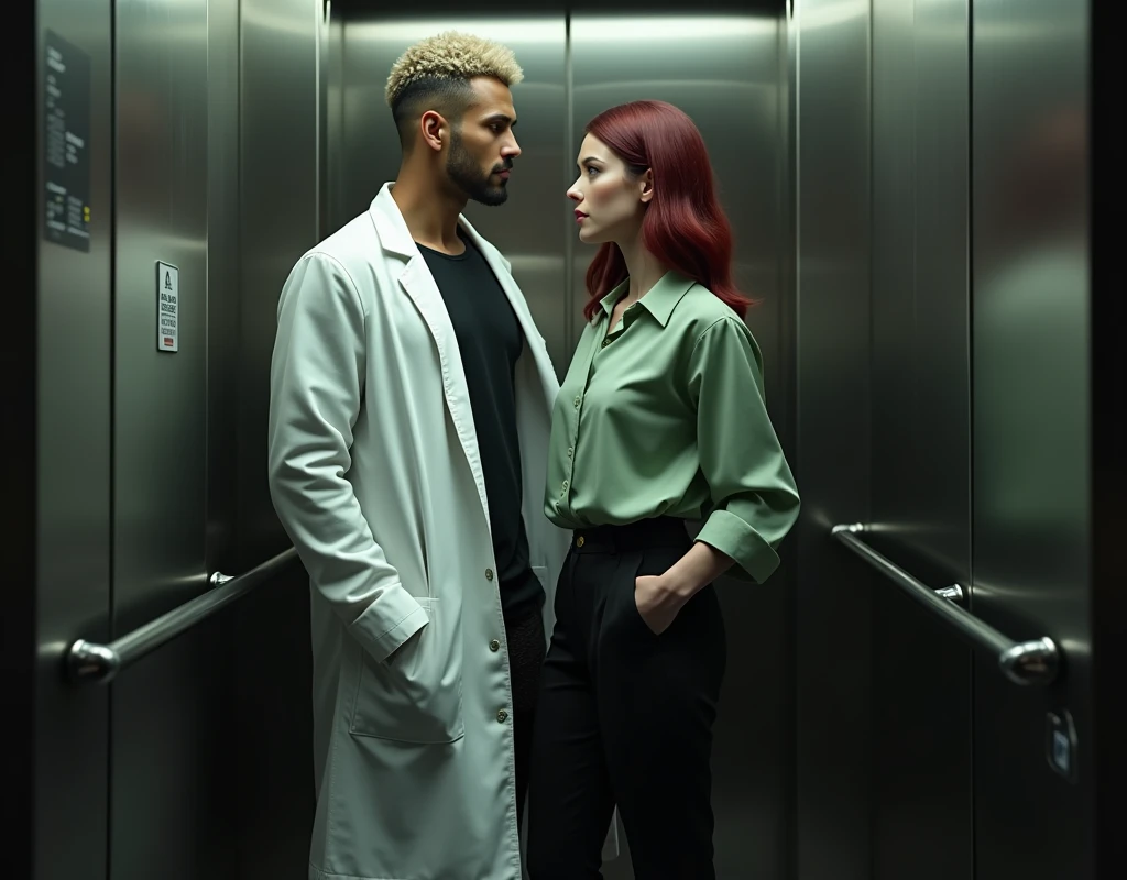 Tall:1.6 attractive young man with crew cut platinum blond wavy swept-back hair, dark skin, long black stubble, Arabic-Egyptian features, white lab coat over a black t-shirt, black cargo pants and black boots, standing inside elevator behind a shoulder height young woman vibrant maroon side-parted medium-length wavy hair, very pale skin, soft green silk work blouse, low-rise black pants and black boots. Photorealistic, cinematic.