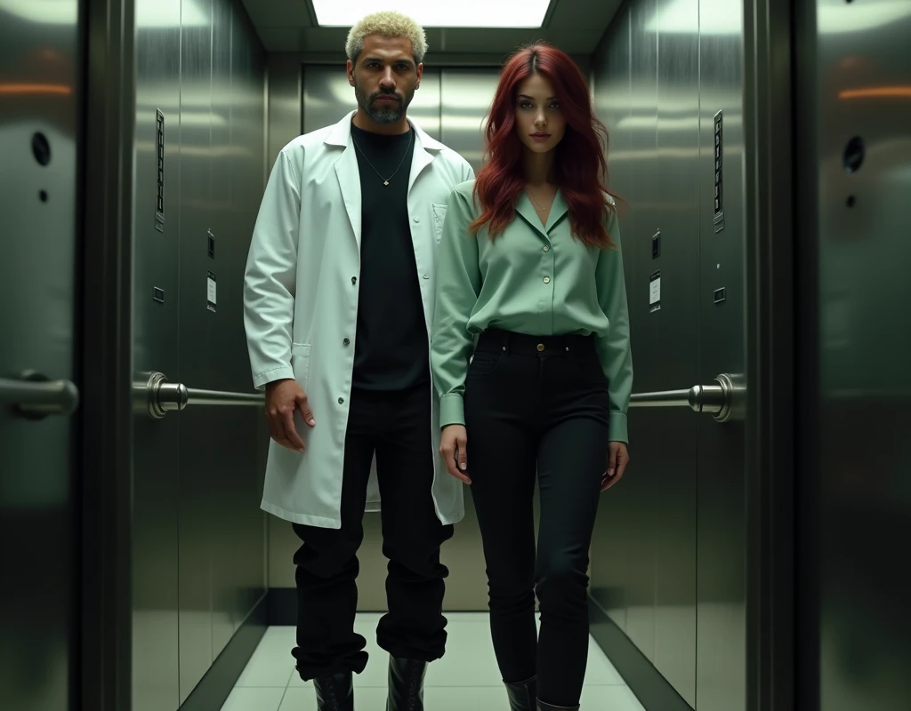 Tall:1.6 attractive young man with crew cut platinum blond wavy swept-back hair, dark skin, long black stubble, Arabic-Egyptian features, white lab coat over a black t-shirt, black cargo pants and black boots, standing inside elevator behind a shoulder height young woman vibrant maroon side-parted medium-length wavy hair, very pale skin, soft green silk work blouse, low-rise black pants and black boots. Photorealistic, cinematic.