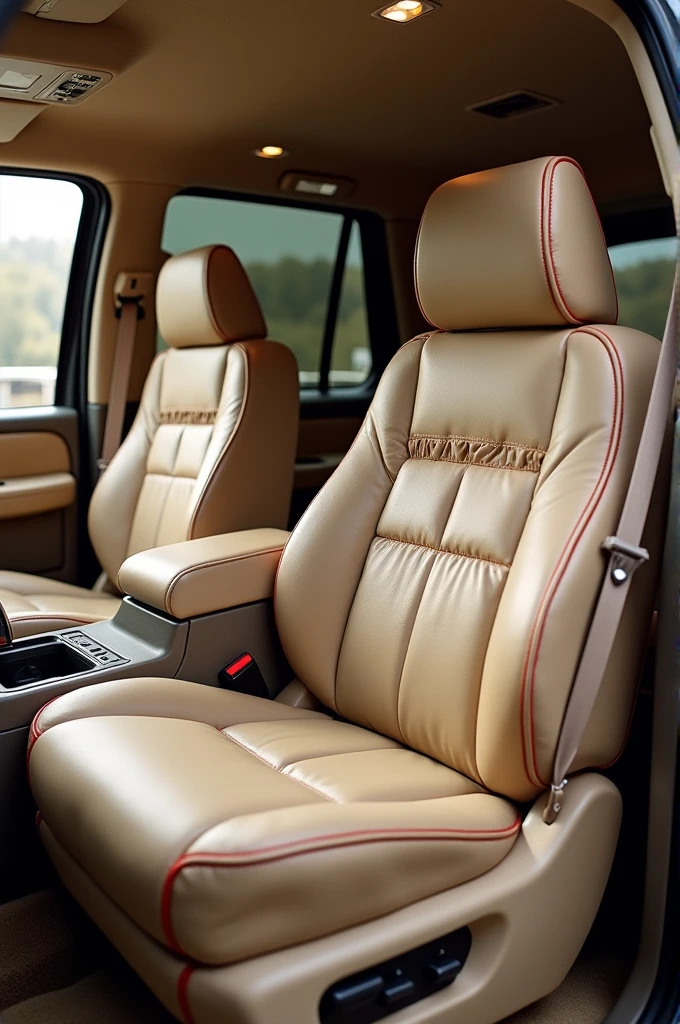 generate me the image of the interior of lincoln navigator 2004, beige custom encouragement with red stitching details and visible ruffle