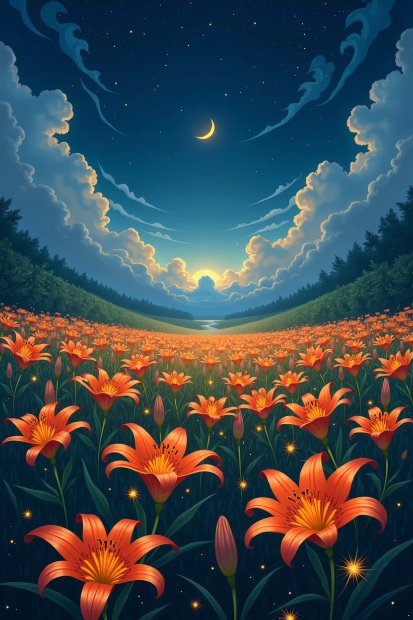 field of tiger lilies, night sky