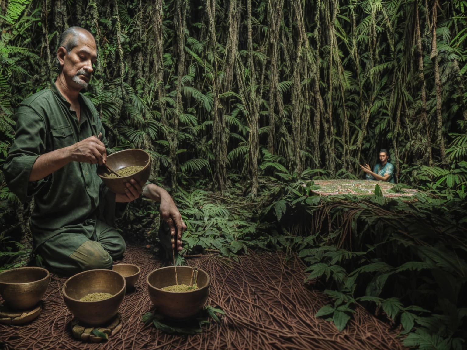A man sitting on a carpet in the woods,Holding a bowl in his hand, Ayahuasca ceremony, the Ayahuasca spirit, Ceremony in the forest, Ayahuasca shaman, 在Jungle environment中, Ayahuasca, Forest Ceremony, Mayan Elder Oracle, Mayan temple in the jungle, Jungle environment, Colombian jungle, Mysterious environment