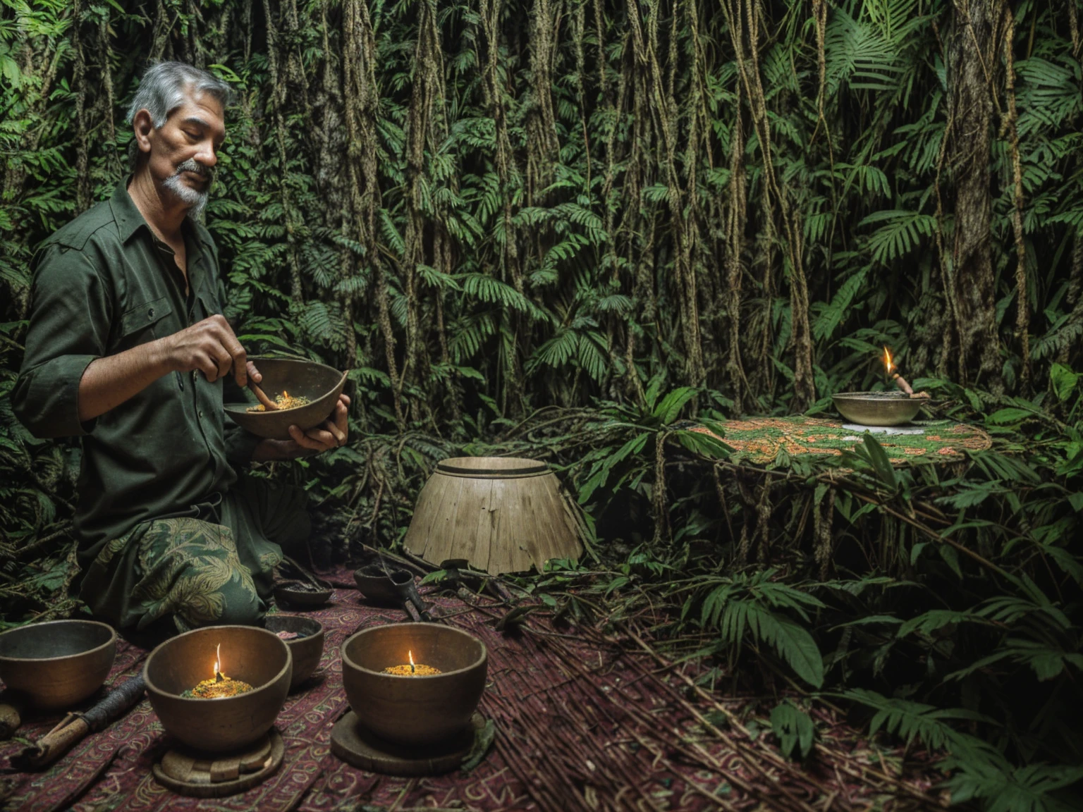 A man sitting on a carpet in the woods，Holding a bowl in his hand, Ayahuasca ceremony, the Ayahuasca spirit, Ceremony in the forest, Ayahuasca shaman, 在Jungle environment中, Ayahuasca, Forest Ceremony, Mayan Elder Oracle, Mayan temple in the jungle, Jungle environment, Colombian jungle, Mysterious environment
