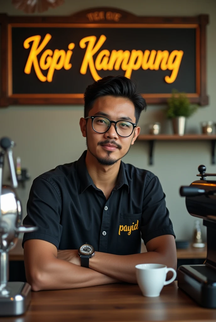 Image landscape wide top view, created a hensom man with a slightly medium body, glasses, Malay face, 28 years, very little short, thin, and neat beard and mustache. Barista shirt and chef scarf hat, is preparing a cup of machine coffee, the machine is on the table with the coffee making equipment, facing camera, The Barista Shirt making word Gold inscription "payid", the background is indoor village Old Coffee Cafe. hanging a signboard behind the man that says 'Kopi Kampung' text style, the image is very detailed, super HD