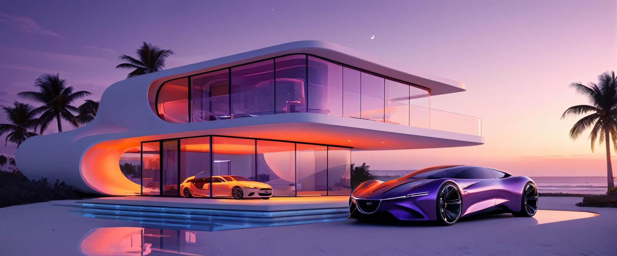 a futuristic multi-level all glass house with a car parked in front of it,at sunset, on the beach, palm trees, quarter blood moon. cgsocietywlop, beautiful curves, intricate devilish designs, qualia, interesting shapes & form, wow factor, bioluminescent, colorfull, glow fluid, purple and orange soft lighting in interior of house, elaborate polished, architectural rendering, miami, futuristic battlefield, inspired by James E. Brewton, precise architectural rendering