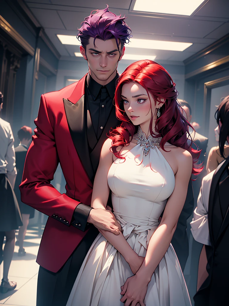 a man and a woman standing in a luxurious hall, the woman wearing an elegant ballgown dress with long purple hair styled beautifully flowing down her shoulders and waist, the man in a tuxedo with slicked back red hair, formal mafia party scene, the woman standing next to the man as he protects her, detailed face and eyes, photorealistic, cinematic lighting, dramatic atmosphere, vibrant colors, intricate details, high fashion, chiaroscuro lighting, moody, elegant, sophisticated, cinematic composition, award-winning photography, masterpiece, best quality, 8k, hyperrealistic, photorealism, physically-based rendering, extremely detailed, studio lighting. A girl stands next to a guy. He puts his arm around her waist, his face is gloomy. There are many people around. Young girl with boy.. *HER PURPLE HAIR* Red haired guy, guy with red hair, his RED HAIR.."RED-GELLED-HAIR GUY"
The girl is in a beautiful Cocktail dress, it is elegant..Young muscular guy in a tuxedo. Gloomy guy. The guy holds the girl by the waist. Handsome guy with red hair