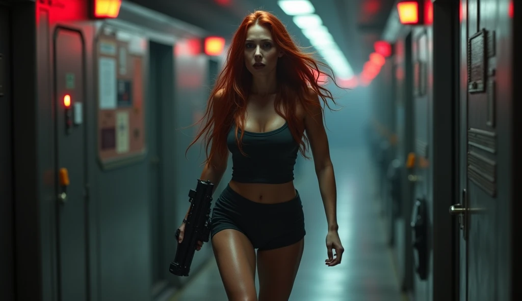 (full body shot:1) photorealistic image of a (standing pose:1) woman, ultrarealistic, photography, long red hair, woman, 24 years old, hourglass figure, perfect body, Flirty look, natural medium breasts, Full body picture, she is on a space station, running through a dark corridor, only alarm lights are on, she is wearing a tshirt and hot pants, she is holding a pulserifle, there are xenomorphs running after her, she is scared