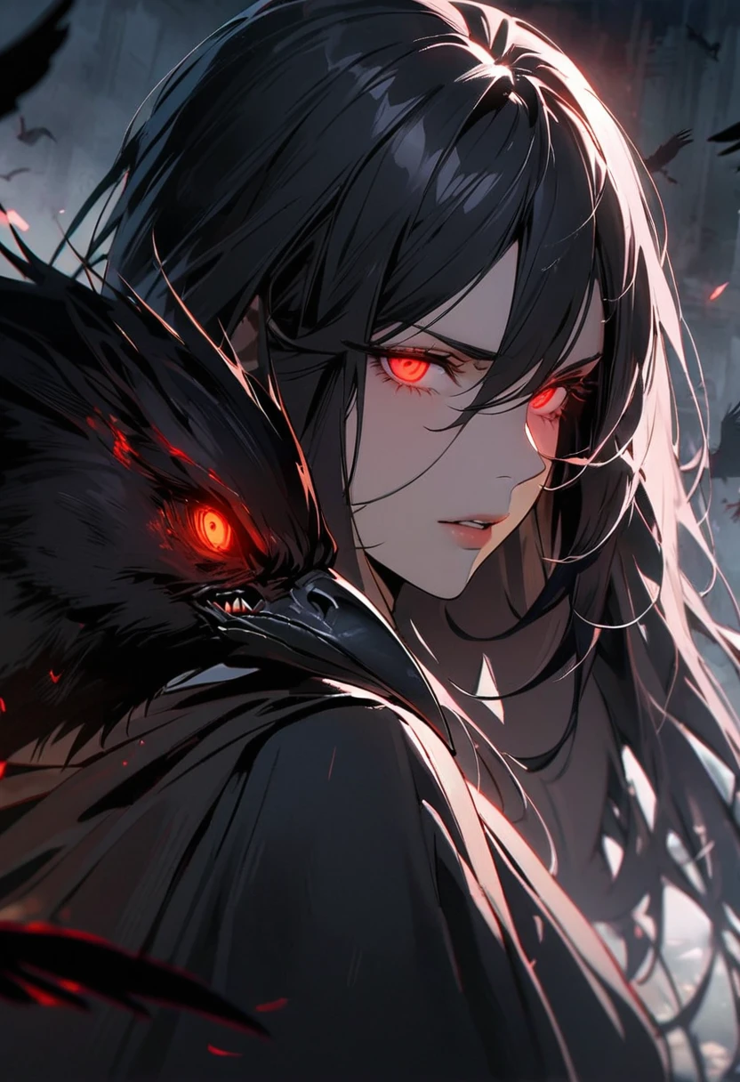 woman, vest, black cloak, red eyes, black hair, crow, glowing eyes, mature, long hair, front face, macro picture,