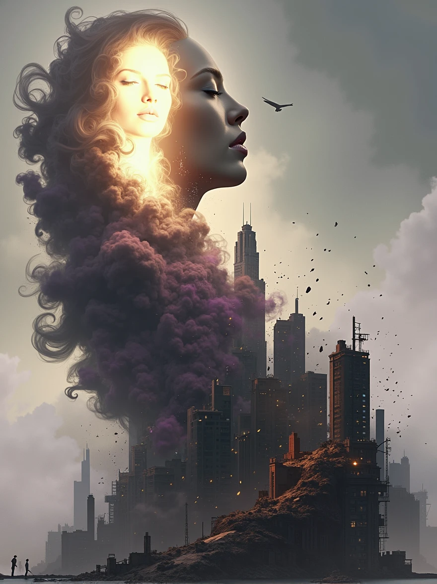 ((Purple mist and smoke shroud:1.7)), (Mysterious Fog:1.5), A visualization of an intense storm: the stormcloud takes the shape of a woman's face, obscured by the shadows and nuances of the turbulent cloud formations. From her mouth, strong winds are emitted, metaphorically speaking. These potent gusts are causing significant damage to a cityscape, reducing buildings to dust. Debris is scattered by the storm, painting a picture of the raw power of nature. However, the scene is devoid of people ensuring everyone's safety is prioritized in this imaginative depiction.