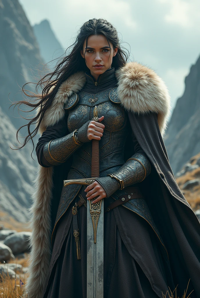 A fierce warrior girl, intricate fur armor, detailed face and eyes, long flowing hair, fierce expression, holding a large sword, dramatic lighting, fantasy landscape, cinematic composition, epic fantasy, highly detailed, photorealistic, 8k