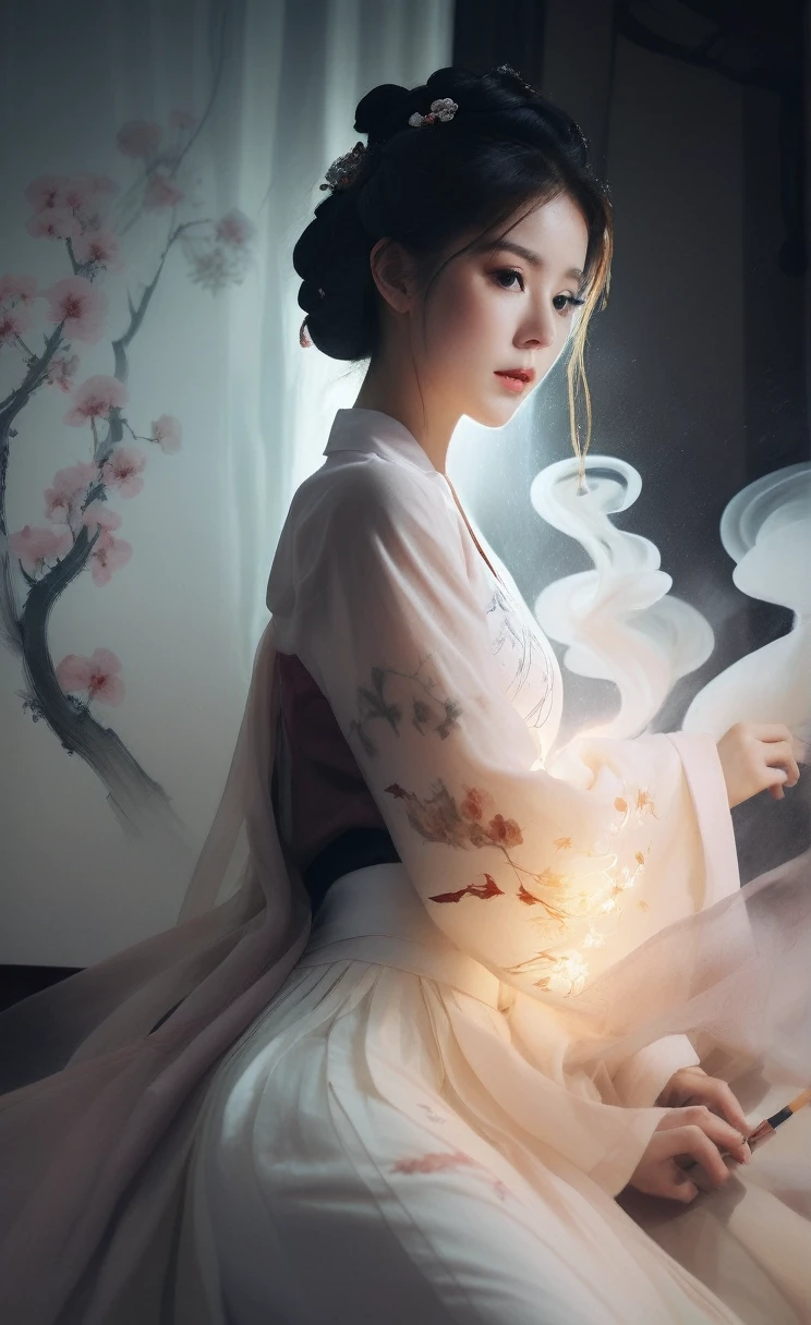 Double exposure style, Volumetric Lighting, Lasting style,Girl in tulle skirt,Lean forward,Traditional clothing,Artistic calligraphy and ink,Faceless butcher, light depth, Dramatic atmospheric lighting, Volumetric Lighting, Ghosting effect, Image combination, Double exposure style