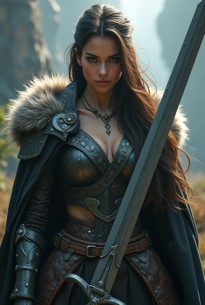 A fierce warrior girl, intricate fur armor, detailed face and eyes, long flowing hair, fierce expression, holding a large sword, dramatic lighting, fantasy landscape, cinematic composition, epic fantasy, highly detailed, photorealistic, 8k